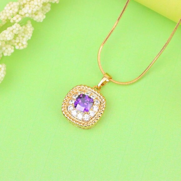 "Elegant Purple Square Pendant with Sparkling Border in Gold Finish, XPPT1658 - Picture 2 of 13